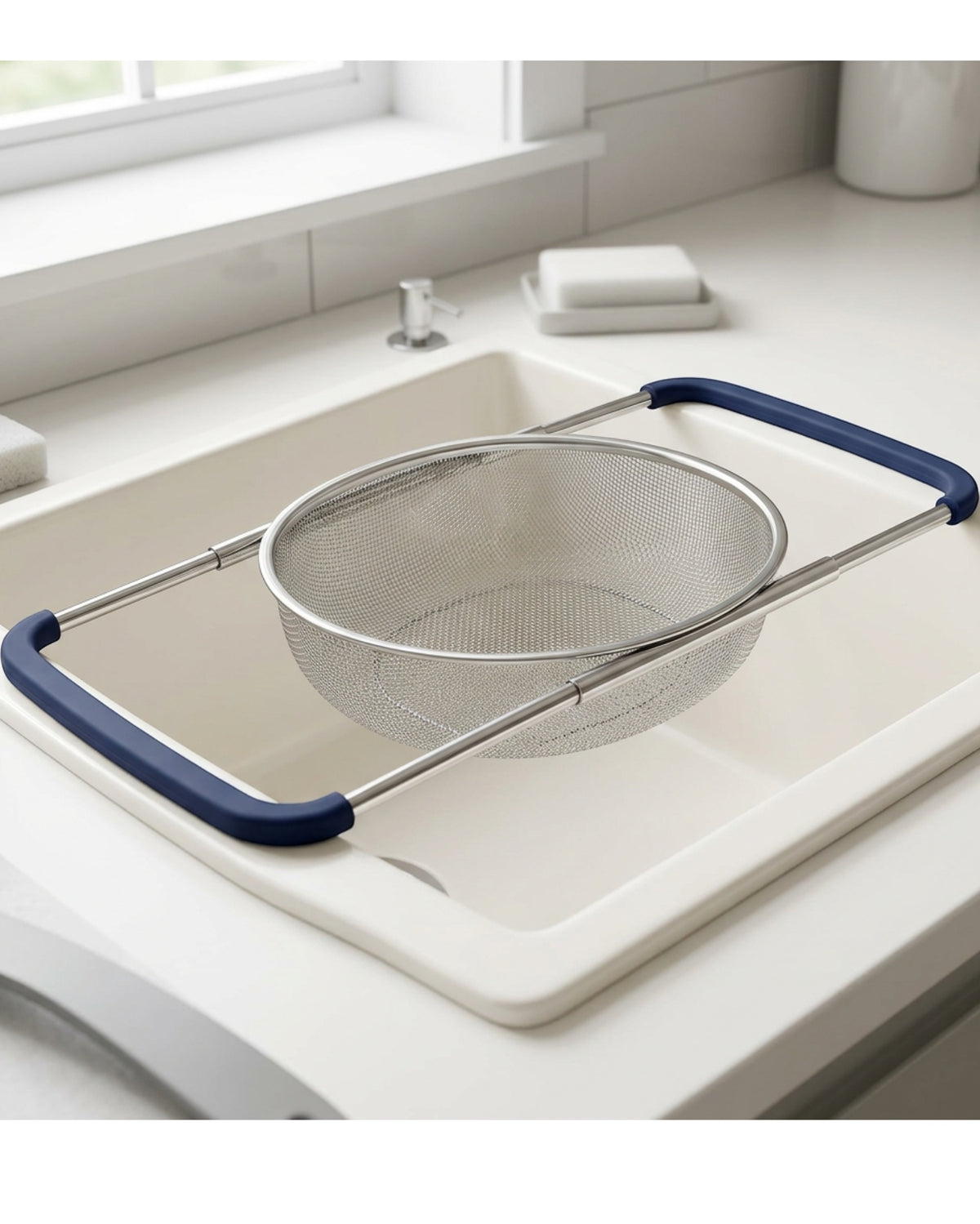 Pndkv Expandable Over Sink Mesh Draining Basket 39-58 cm Navy Grips - Lifestyle view