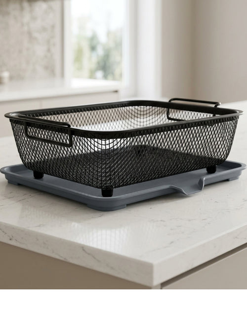 Pndkv Rectangular Diamond Mesh Draining Basket with Slate Drip Tray - Lifestyle view
