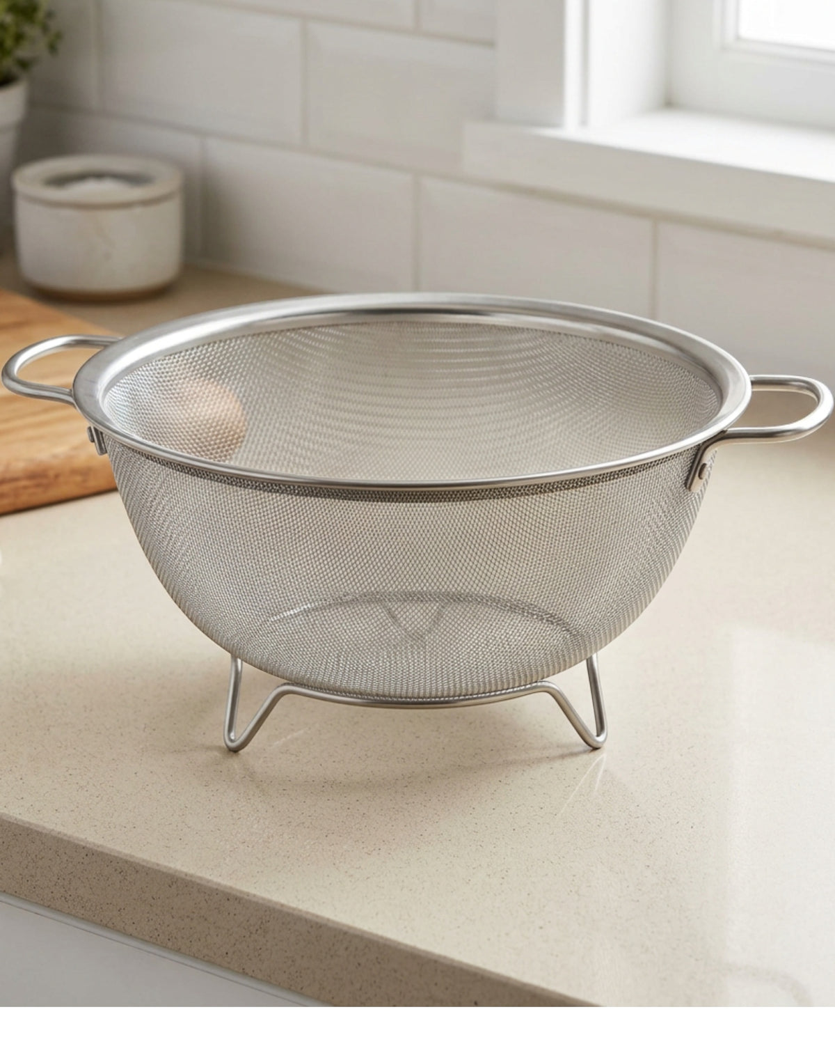 Pndkv Round Fine Mesh Colander with Two Handles and Three Feet 26 cm - Lifestyle view